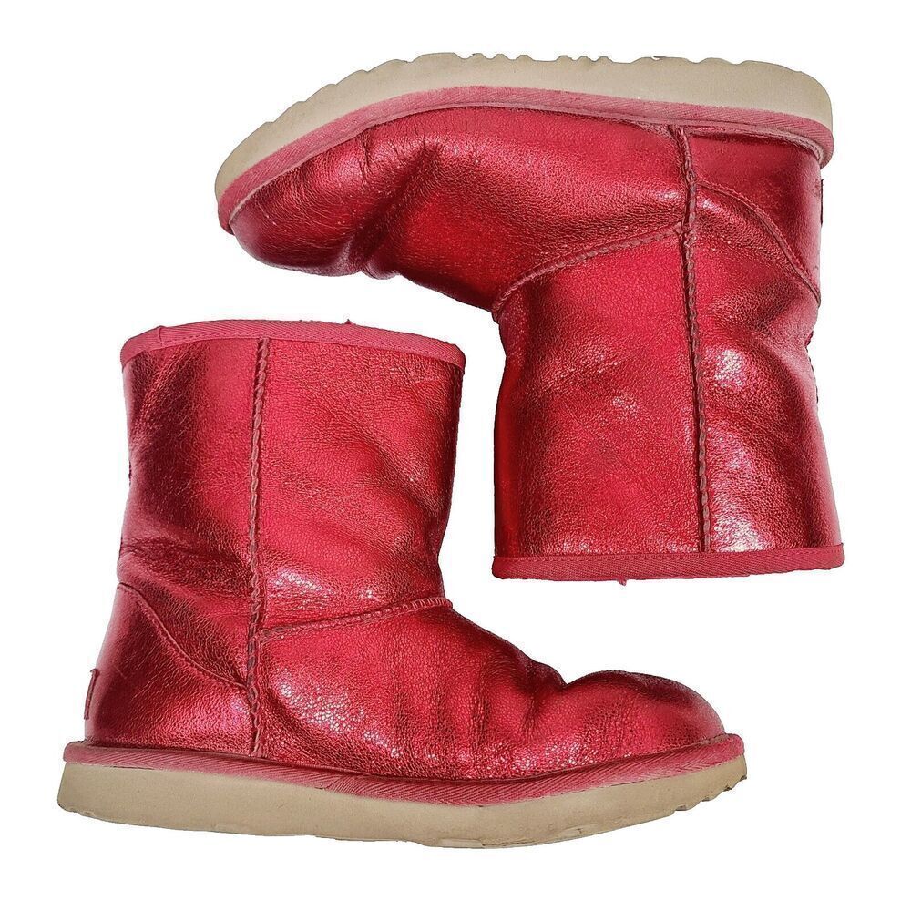 Ugg Classic II Boots 5 Red Shimmer Leather Wool Shearling Lined Pull-On